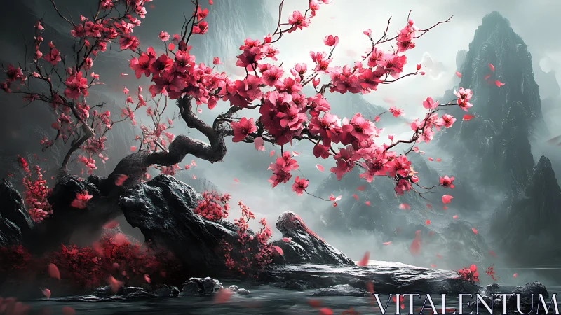 Blossoming cherry tree bends over misty mountainscape.