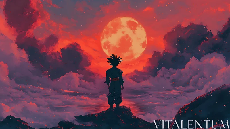 Silhouetted warrior studies colossal red moon above clouds