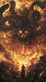 Lone wanderer facing a colossal fiery abyssal nightmare.