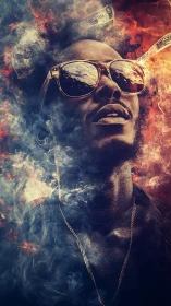 Smoky portrait merges reflective sunglasses with burning wealth