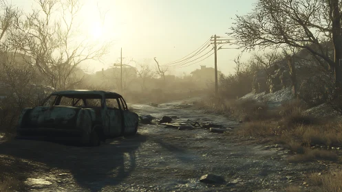 Sunlit wasteland road with rusted car and ghostly skyline.