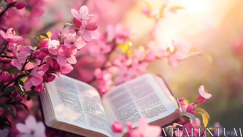 Open Bible rests amid blooming pink spring blossoms