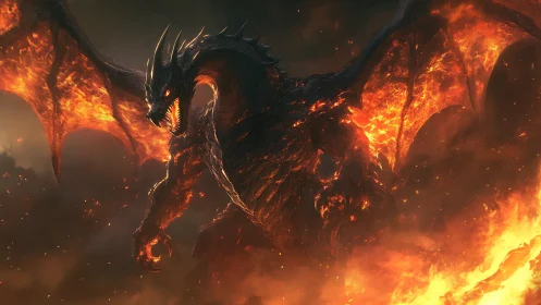 Lava-scaled dragon emerges through volumetric fire and ember haze