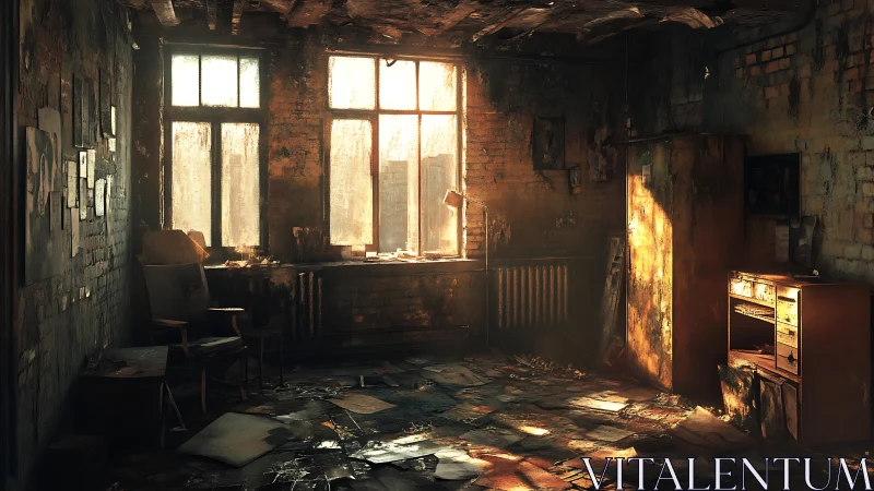 Abandoned brick studio lit by low angle sunset window beams