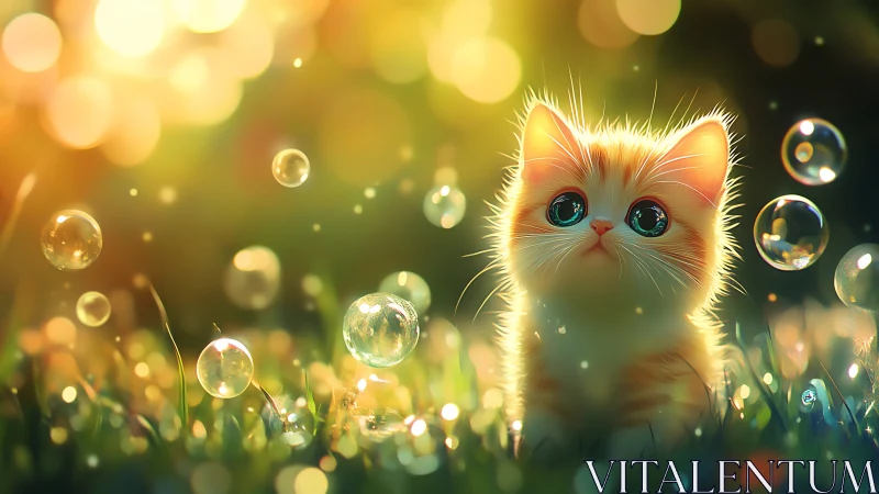 Luminous Kitten Portrait in Bokeh Garden: Digital Fantasy Rendering.