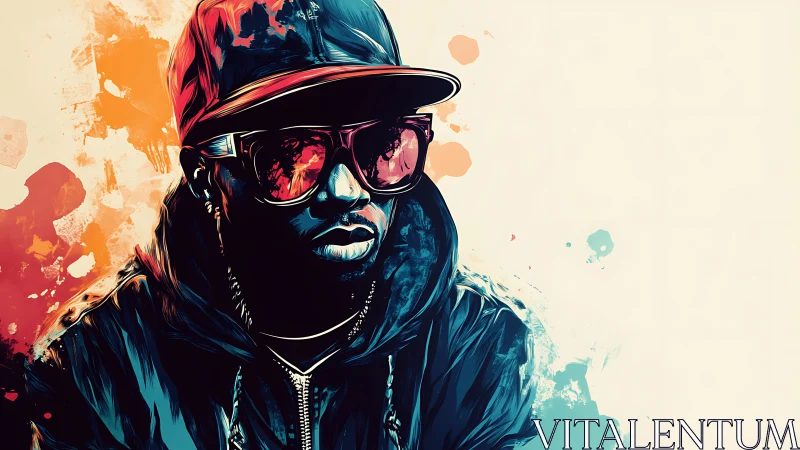 Digital portrait of urban hip-hop figure with splatter gradients.