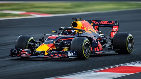 Formula 1 car cornering at speed on modern racetrack