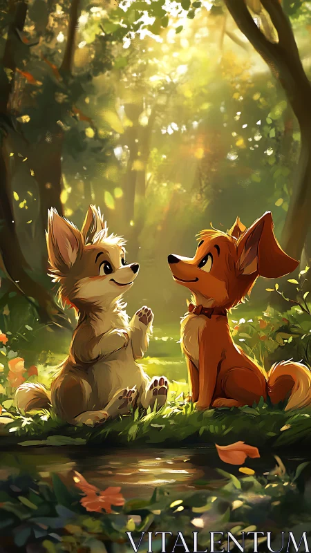 Two cartoon dogs seated in forest clearing by small pond.