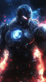 Armored cyber soldier emerges from fire and neon storm.