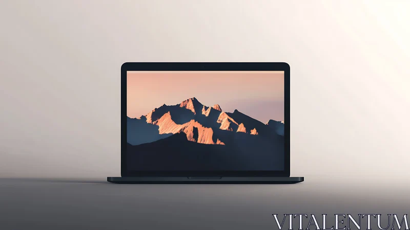 Laptop with mountain landscape wallpaper on neutral surface.