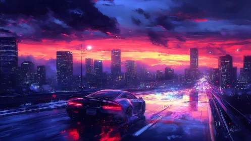 Neon dusk highway sends a lone supercar slicing into night
