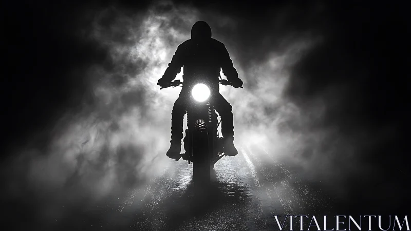 Backlit motorcycle silhouette penetrating volumetric road fog.