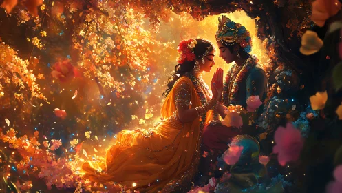 Radiant Indian Wedding Encounter Amid Golden Fire and Blooms.