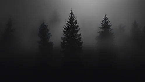 Dark conifer forest silhouettes sink into dense midnight fog
