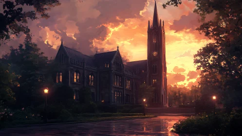 Gothic stone church stands against vivid sunset sky