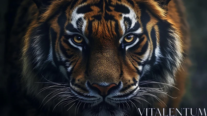 Symmetrical frontal tiger portrait under low key illumination.