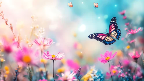 Radiant butterfly drifting above dreamy spring meadow.