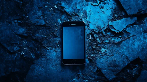 Midnight smartphone resting on cool cracked blue stone.