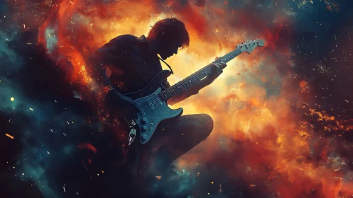 Cosmic guitar hero ignites nebula skies with electric fire.