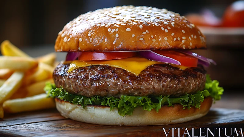 Gourmet cheeseburger with fries on rustic wooden table.