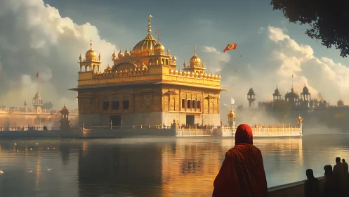 Golden temple pavilion at sunrise over reflective waters.