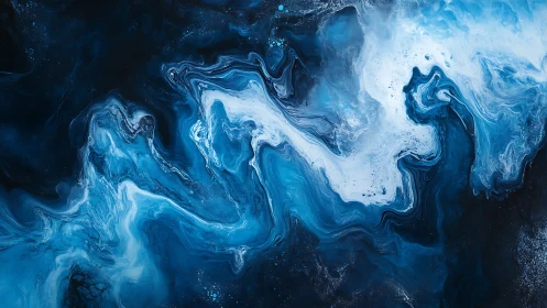Blue and white fluid abstract swirl on dark background.