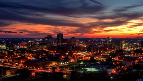 Vibrant city skyline glows beneath a dramatic sunset sky
