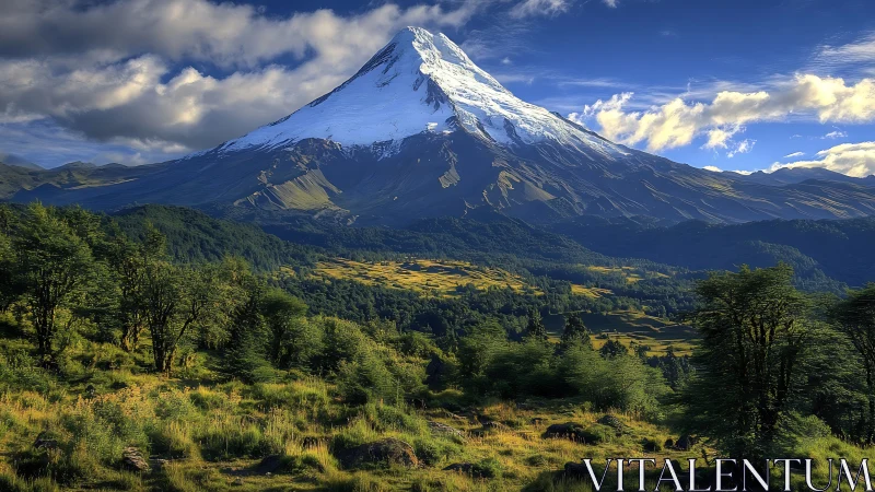 Snowcapped volcanic peak above lush valley forest at dusk.