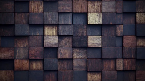 Dark wooden cube wall pattern with textured 3D depth.