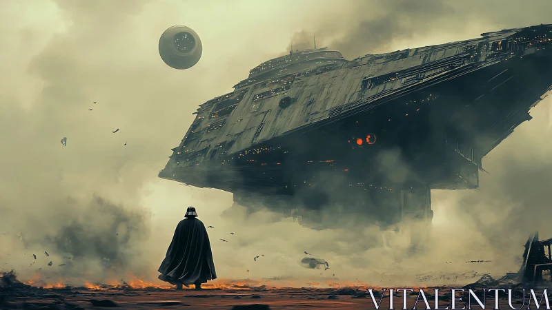 Cloaked figure confronts massive starship amid dense volcanic fog