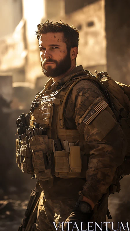 Sunlit soldier standing steady in a dust-hazed city street.