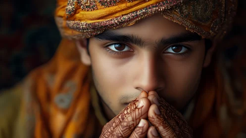 Young man in ornate turban with henna covered hands.