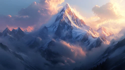 Glaciated alpine peak in golden hour volumetric cloudscape