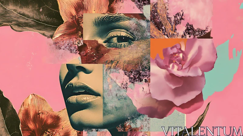 Floral collage portrait against bold pink abstract background.