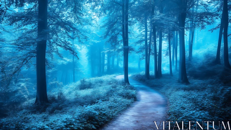 Forest path winds through tall trees bathed in blue light