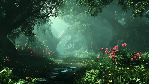 Enchanted Forest Valley Bathed in Magical Emerald Light