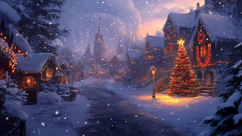 Snowy Christmas village street glows with cozy festive lights