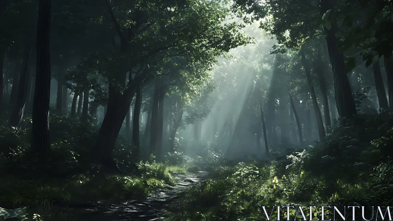 Ethereal Forest Cathedral Bathed in Luminous Rays.