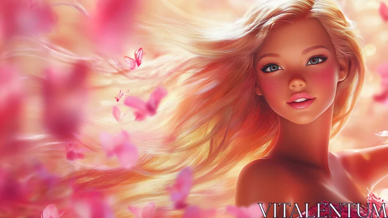 Radiant blonde girl amid swirling pink petals in sunlight
