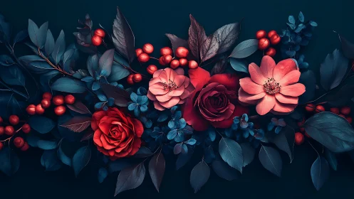 Crimson Roses and Berries Against Teal Foliage.