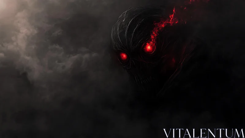 Demonic skull entity emerges from smoke with burning red eyes