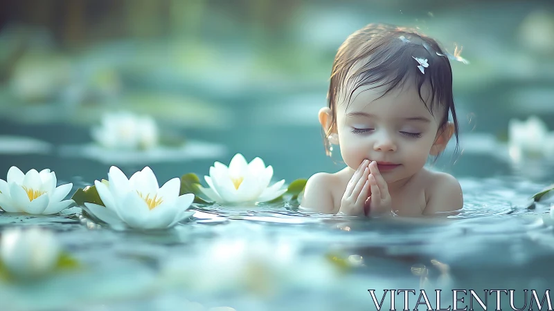 Gentle child enjoys a peaceful moment among soft water lilies
