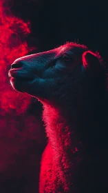 Gentle sheep in dreamy neon glow and soft red mist.
