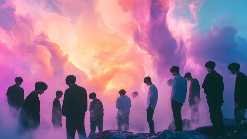 Silhouetted figures stand before iridescent nebula-like clouds