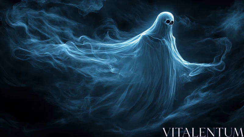 Ethereal ghostly figure drifts through swirling blue mist.