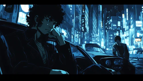 Two men wait beside cars under dense neon city lighting