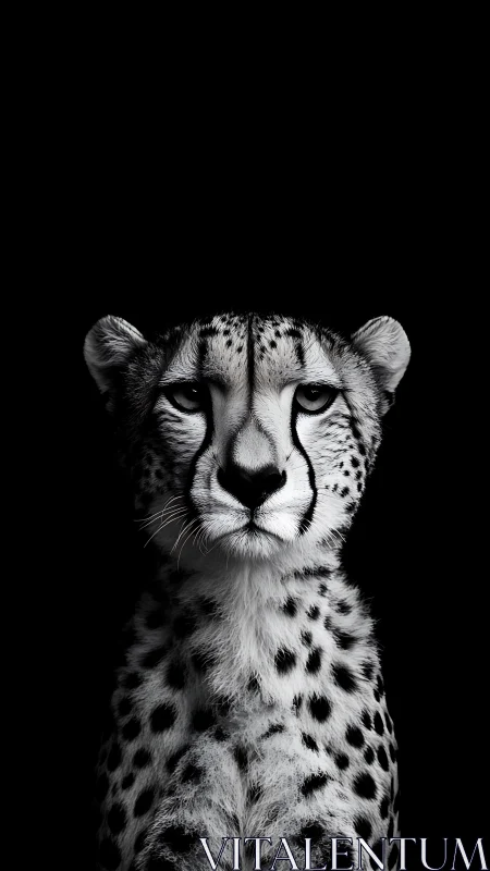 Monochrome cheetah portrait isolates facial symmetry on black