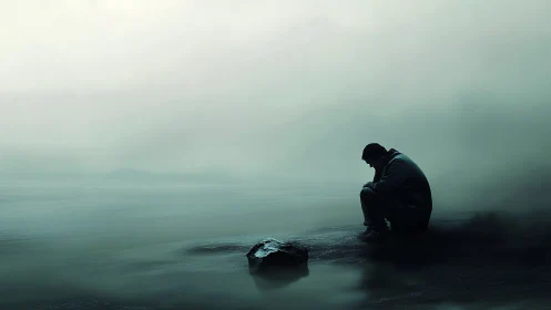 Quiet shoreline moment with a lone figure in soft mist.