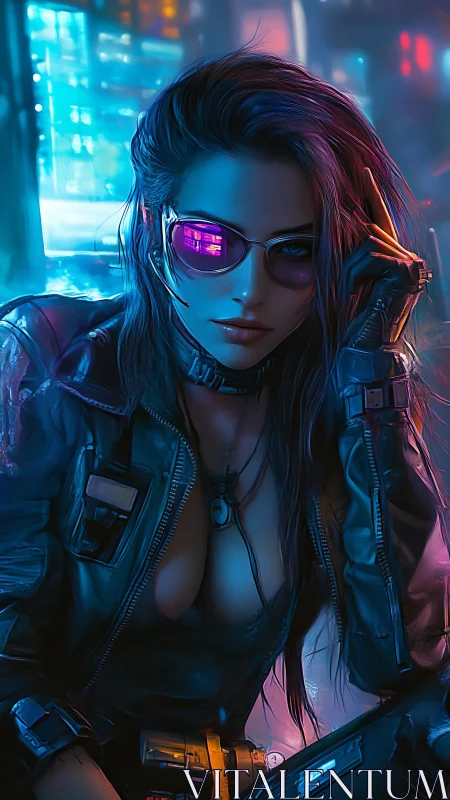 Cyberpunk woman in neon city with reflective glasses.