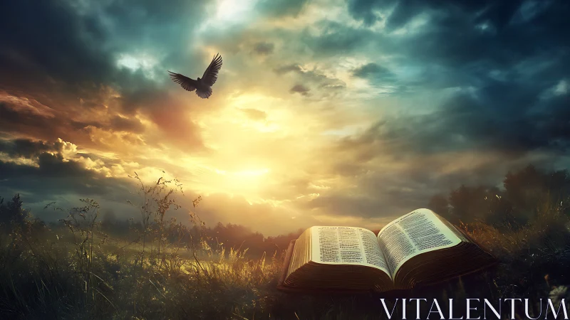 Open illuminated book under dramatic sunrise sky with flying dove